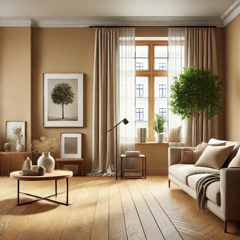 beige walls with maple wood flooring