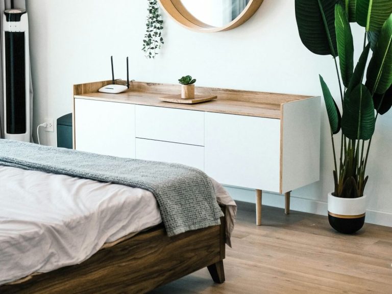 A Minimalistic Wooden Bed in A Modern Organic Bedroom