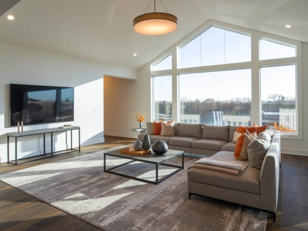 Modern living room with large floor-to-ceiling windows, featuring an L-shaped gray sectional sofa, orange and beige accent pillows, black metal coffee table, flat-screen TV, and dark wood flooring, all bathed in natural light from the vaulted ceiling windows.