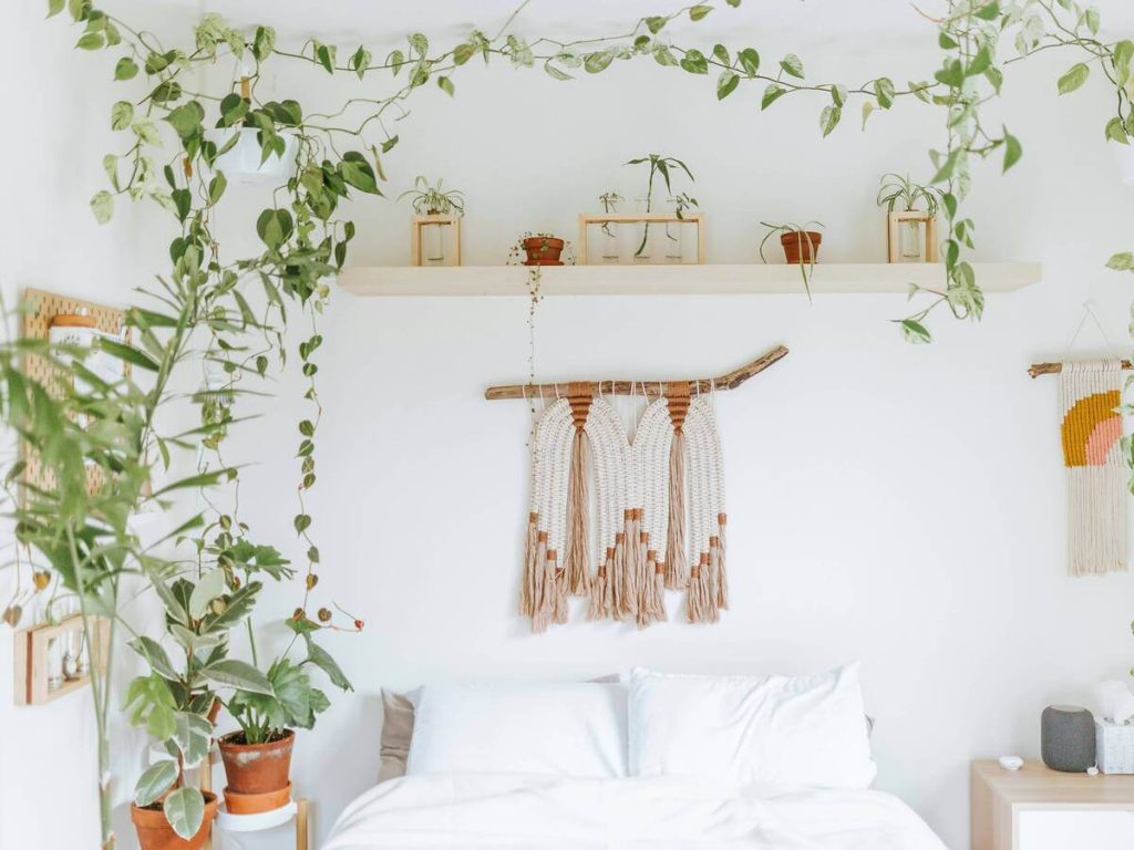 Nature-Inspired Bedroom with Hanging Plants and Macramé Decor