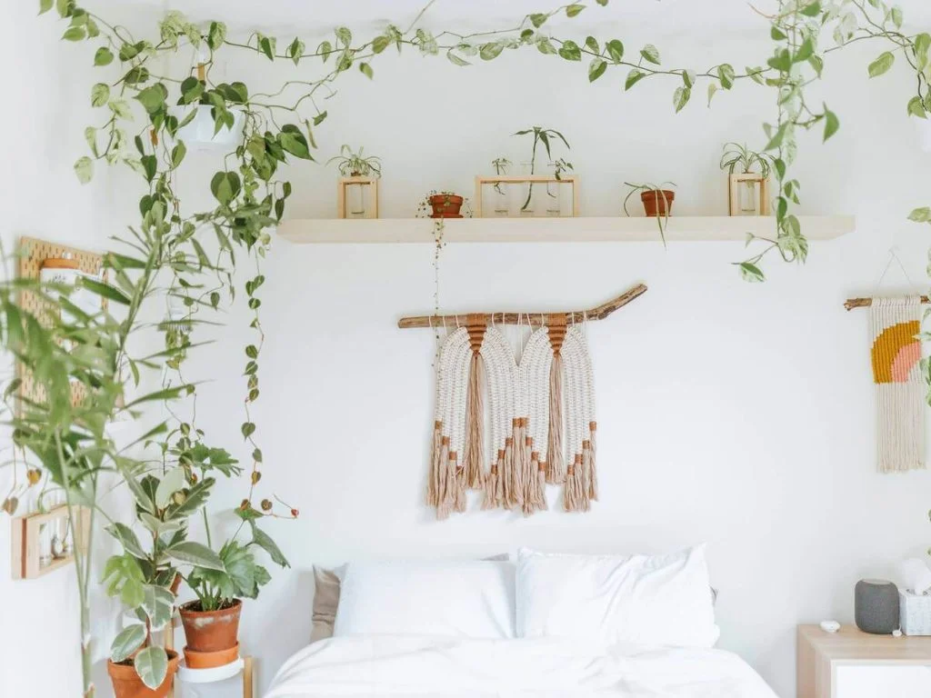 Nature-Inspired Bedroom with Hanging Plants and Macramé Decor