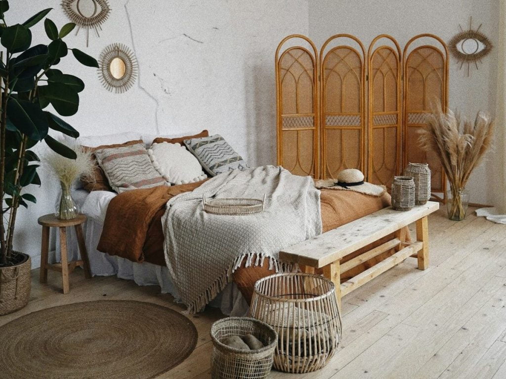 Wooden Bed and Décor in an Organic Bedroom