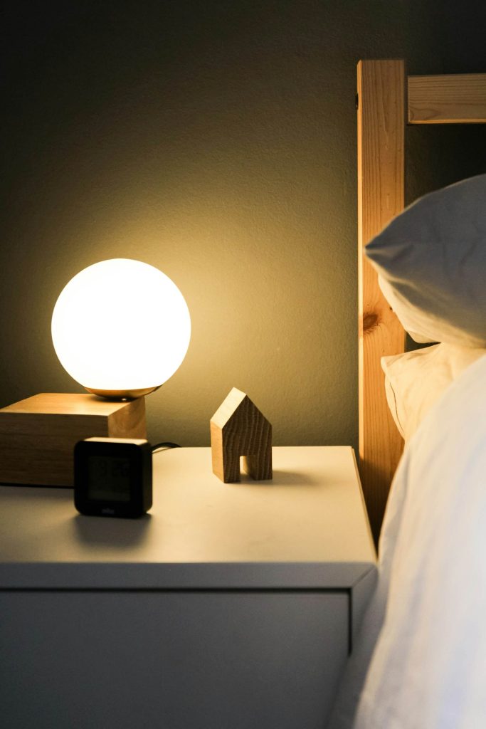 Wooden nightstand in kids bedroom